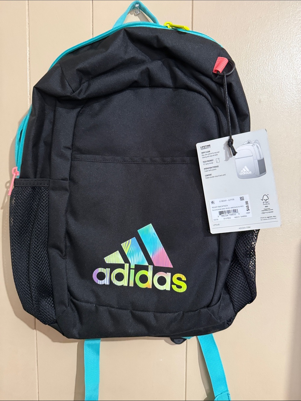 adidas Black Backpack with Rainbow Logo and Teal Accents